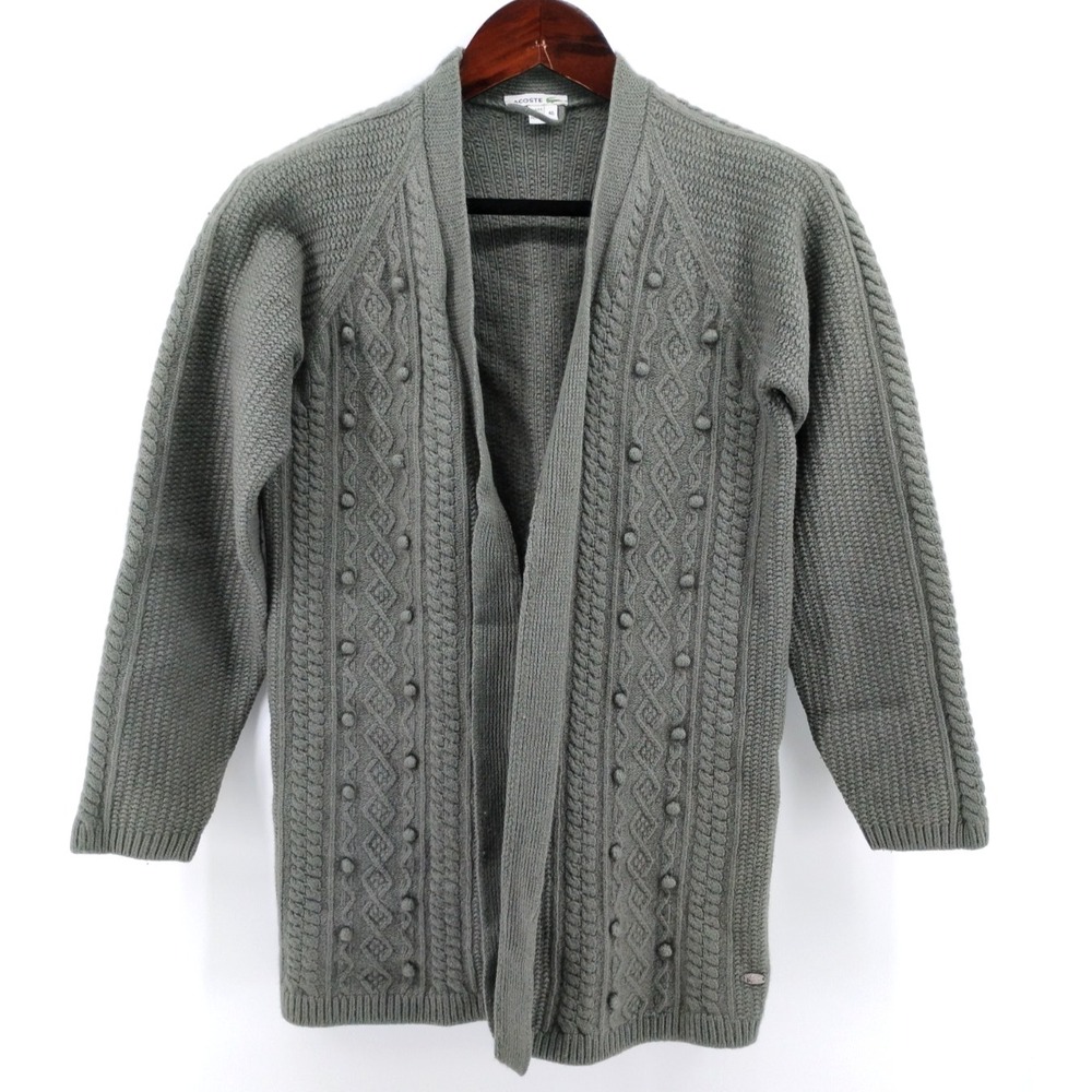 LACOSTE Cardigan Sweater Size M 40 Wool Cashmere Blend Cable Knit Open Chuncky